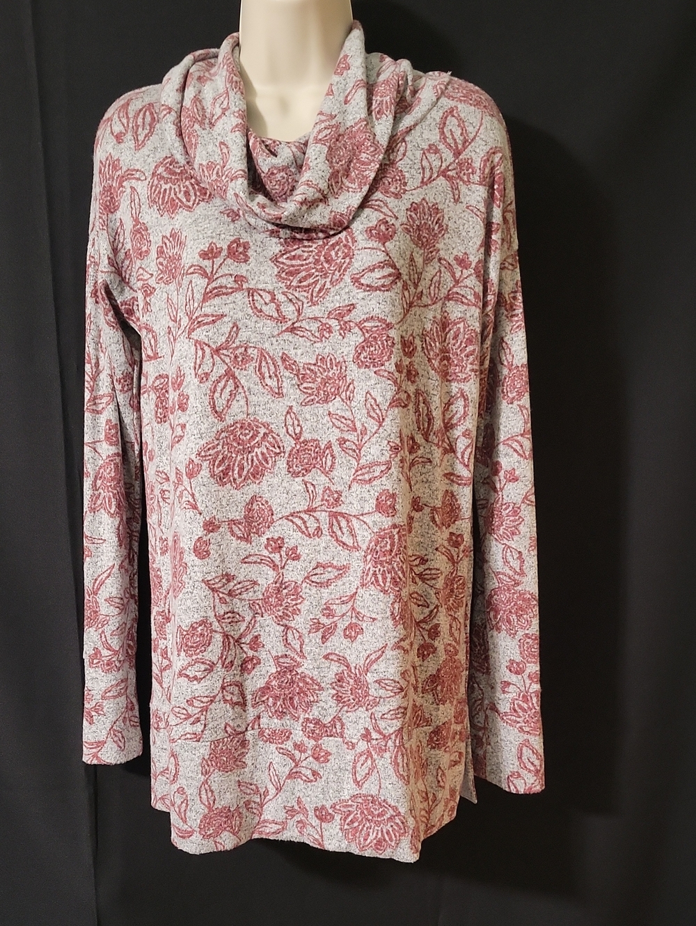 Bobeau Cowl Neck Floral Long-Sleeve Tunic - Pink